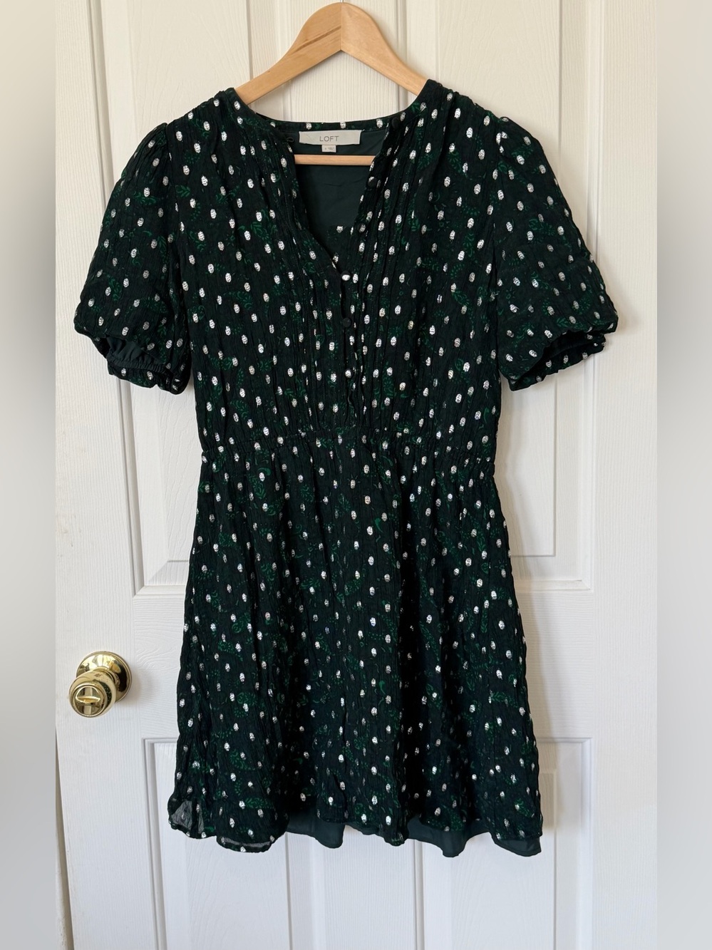 LOFT Dark Green Dress with White Polka Dots- silver sparkle
